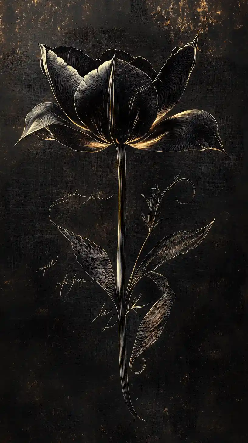 Tulipano nero che emerge dall’oscurità con incisioni botaniche