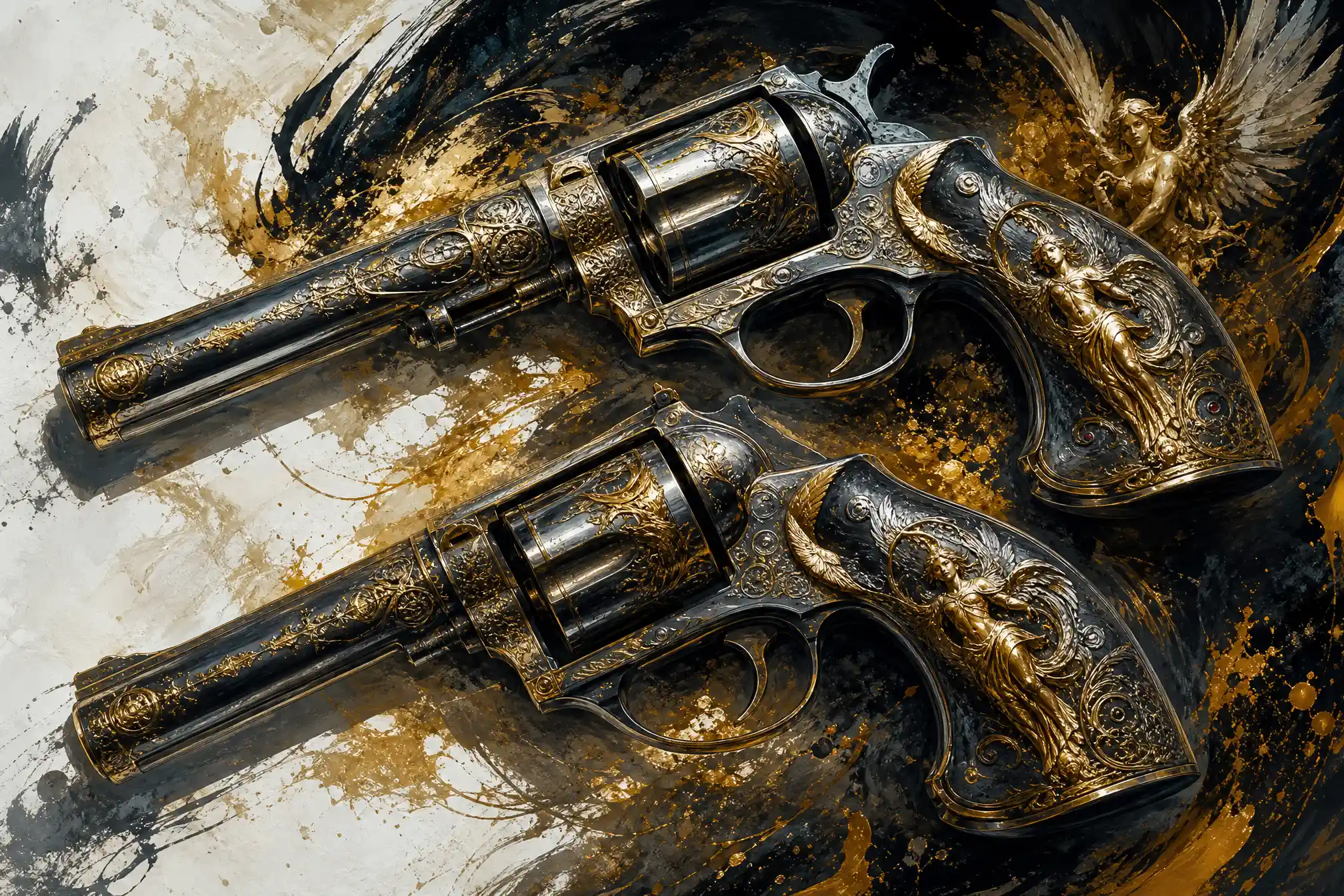 Revólveres sagrados gravados em estilo fantasia digital dramático