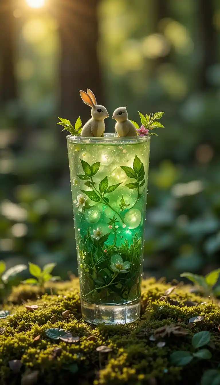 Layered forest cocktail with fondant rabbit and bird