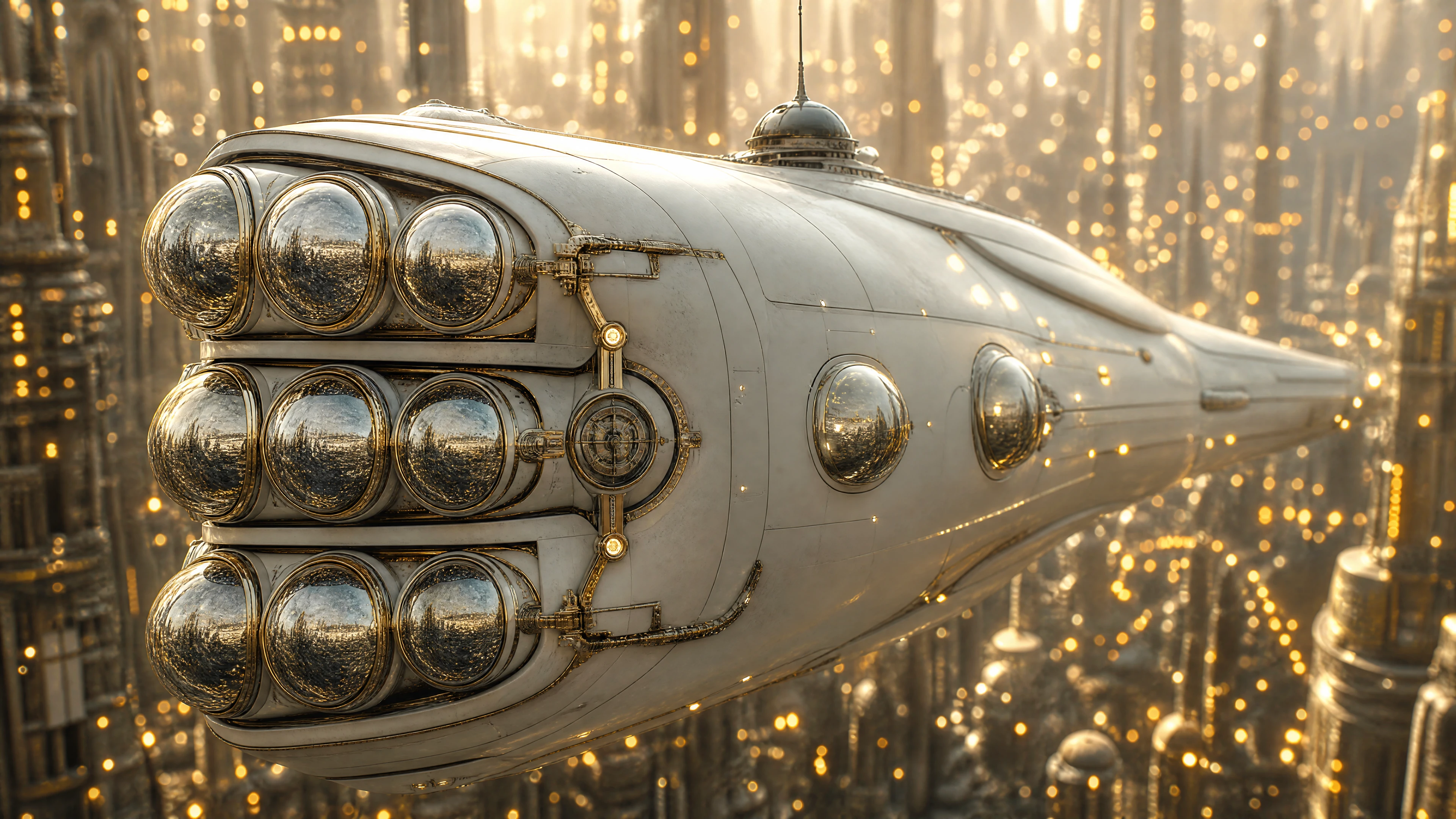 Proa de nave de guerra alienígena sobre ciudad dorada futurista de agujas