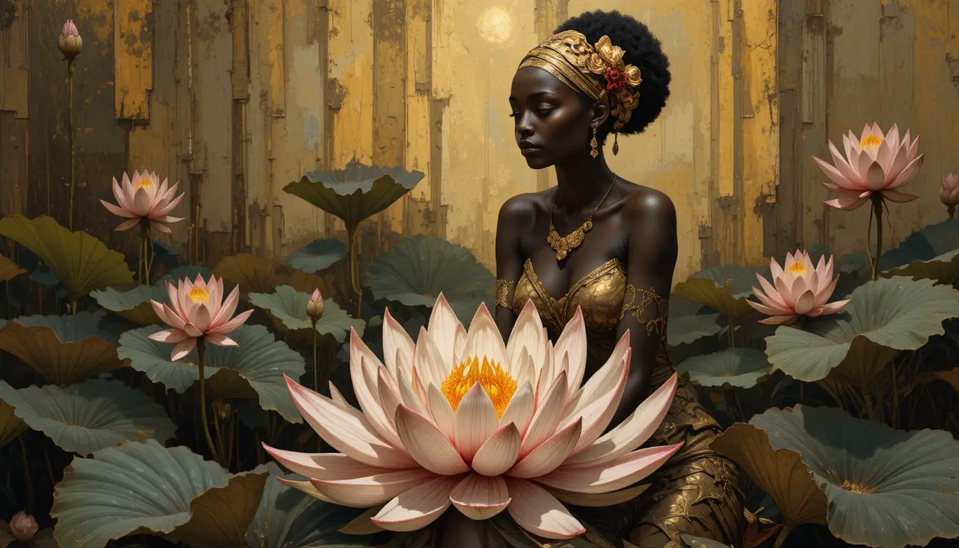 Mulher africana abstrata em posição de lótus com flores desabrochando