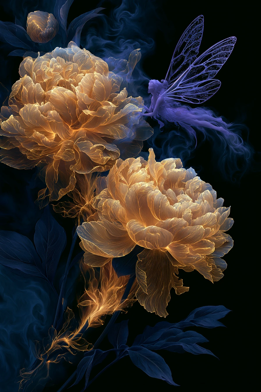 Fleurs Dorées Lumineuses et Fée Délicate dans le Vide Sombre