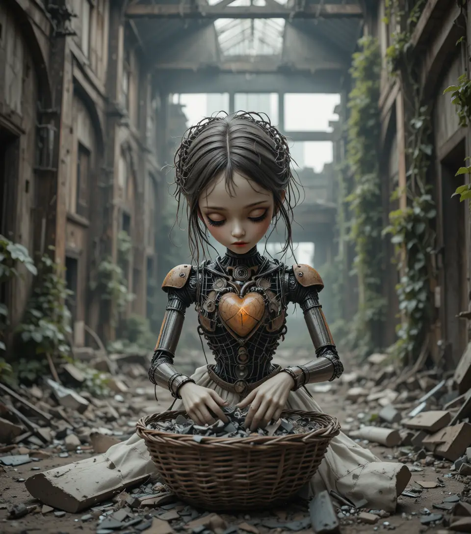 Mechanical girl tending debris in a ruined industrial building