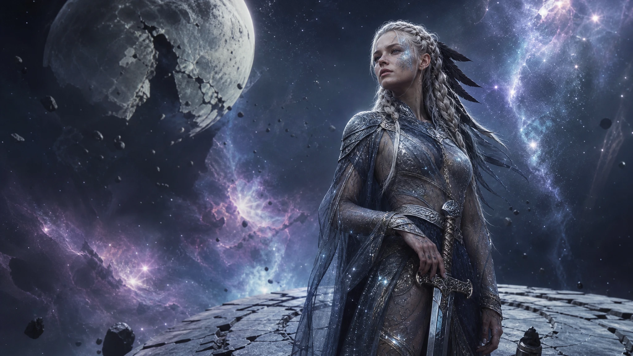 Princesa guerrera vikinga sobre una plataforma cósmica hecha añicos