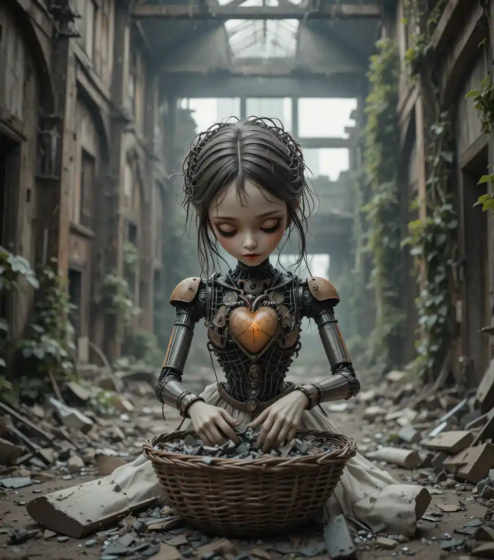Mechanical girl tending debris in a ruined industrial building