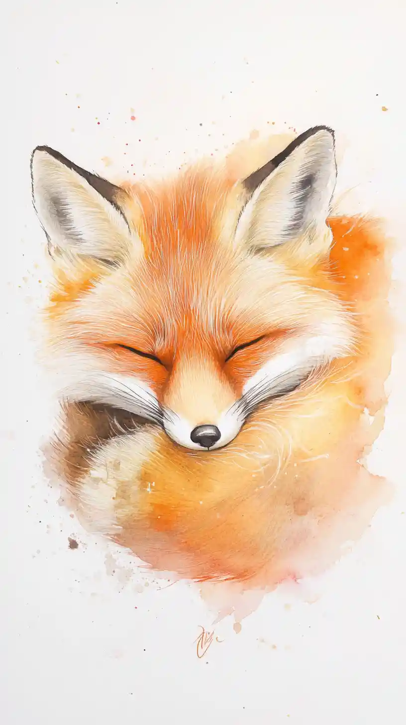 Sleeping fox in warm watercolor and sumi e brushwork