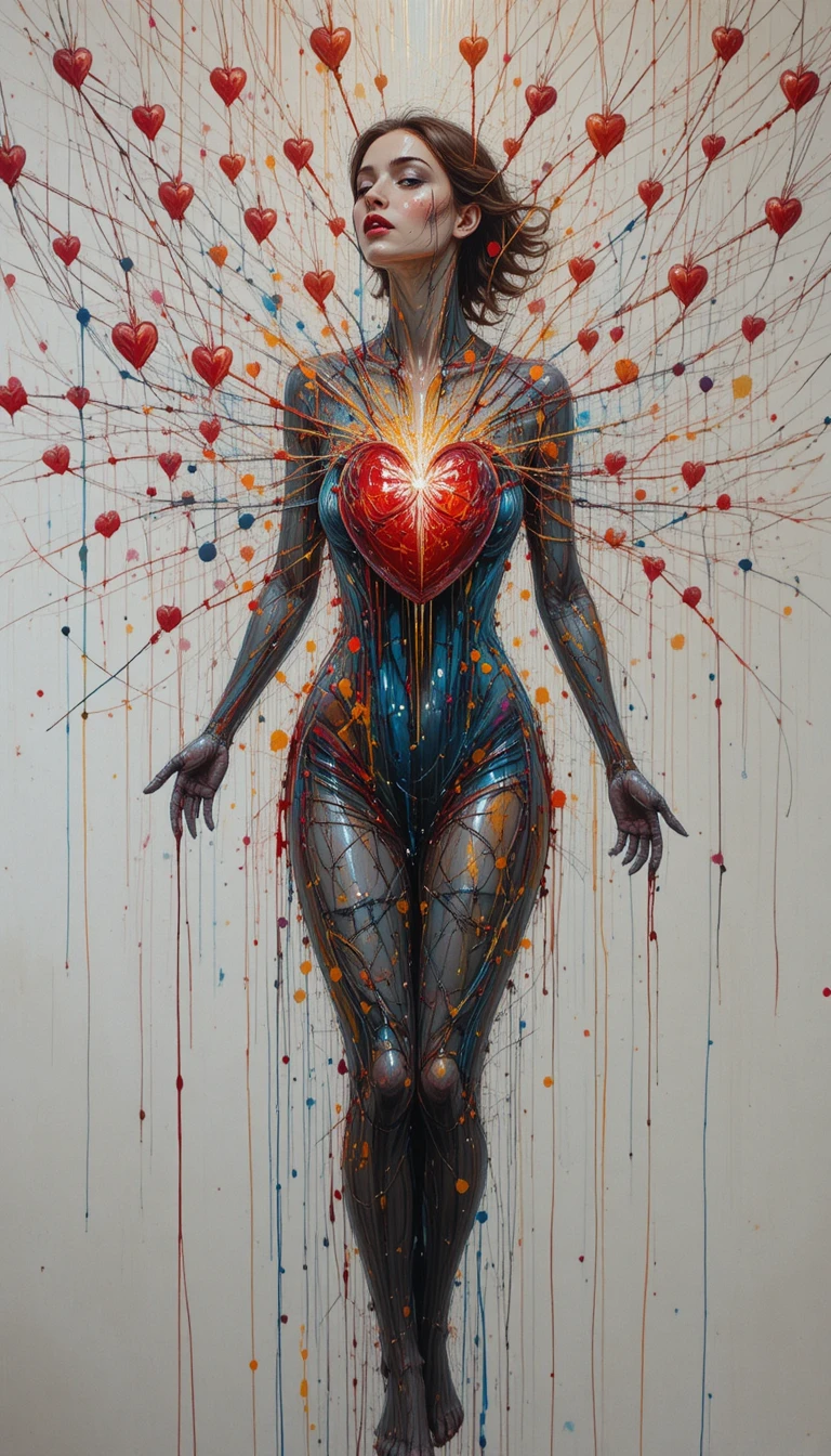 Joven mujer que irradia corazones de colores en pintura abstracta