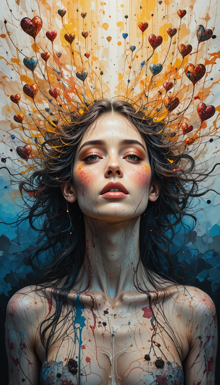 Young woman radiating color and light in abstract painting