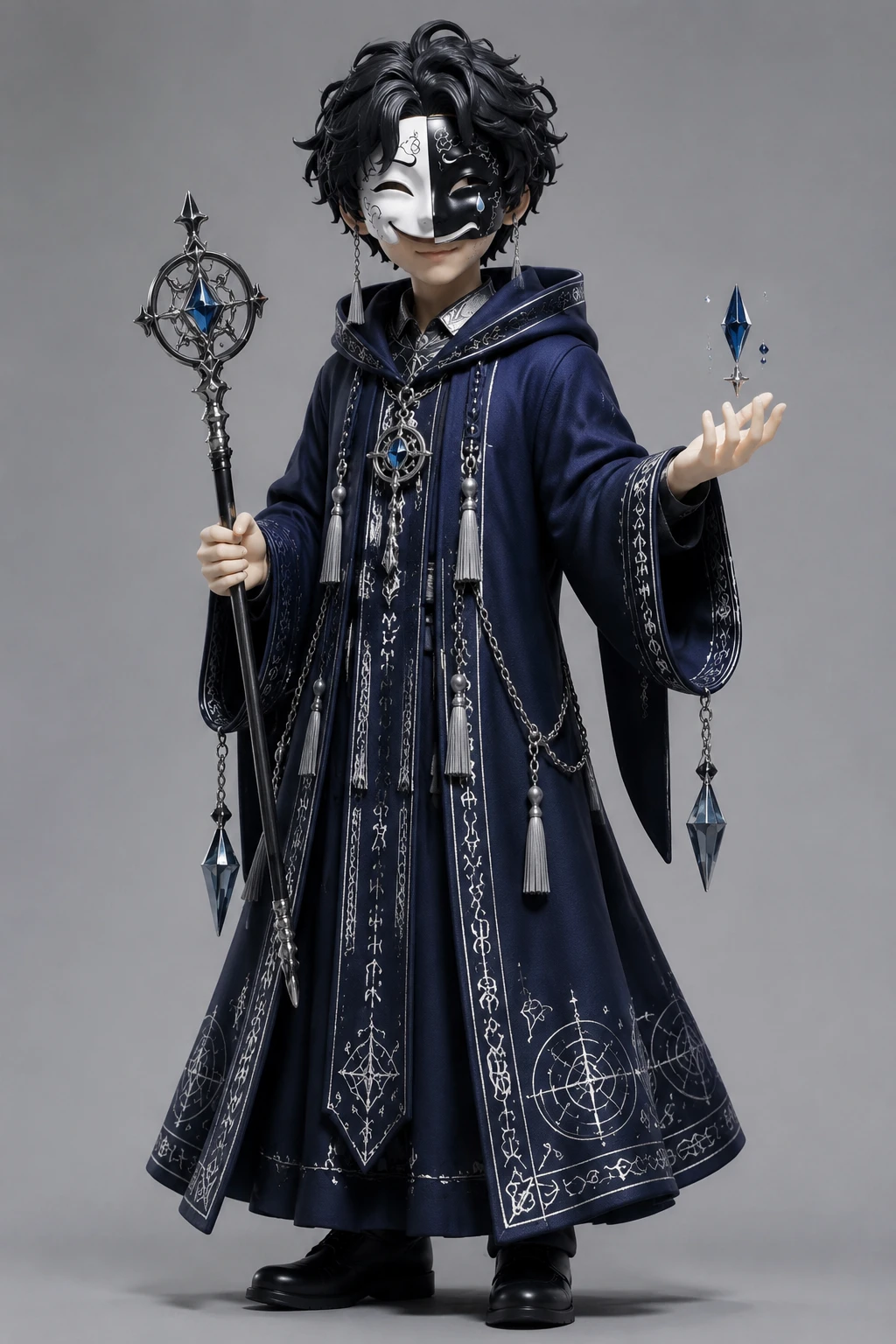 Maskierter Magier mit indigoblauer Robe vor grauem, minimalistischen Hintergrund