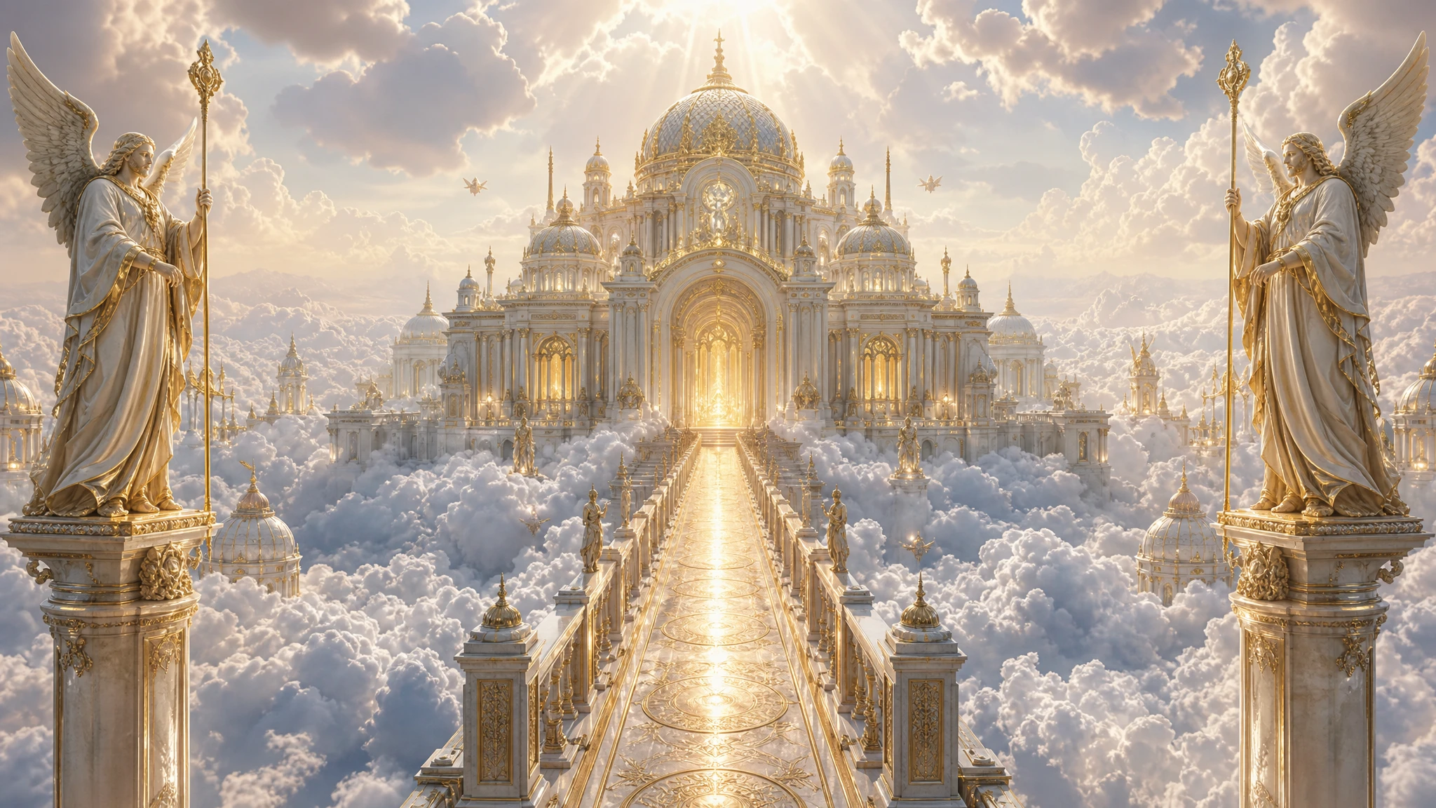 Ciudad celestial en el cielo de agujas de marfil y cúpulas doradas