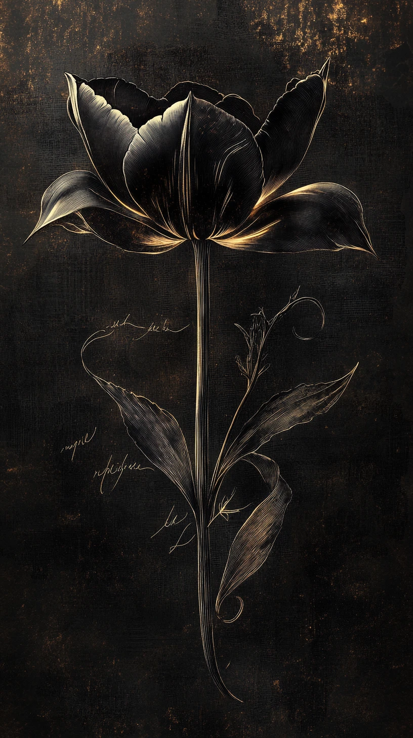 Tulipán negro que emerge de la oscuridad con grabados botánicos