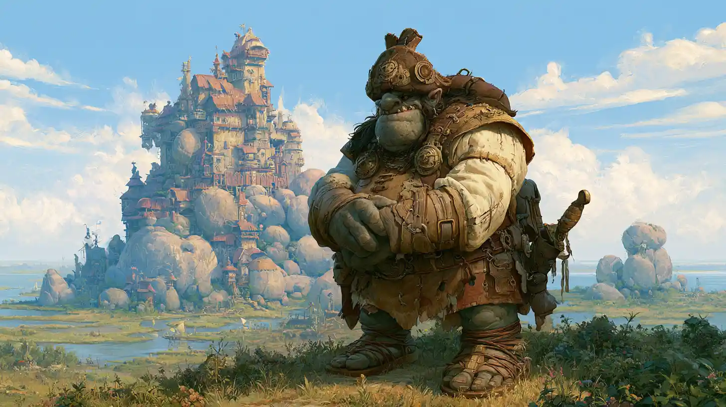Regal troll king before a massive fantasy stone castle
