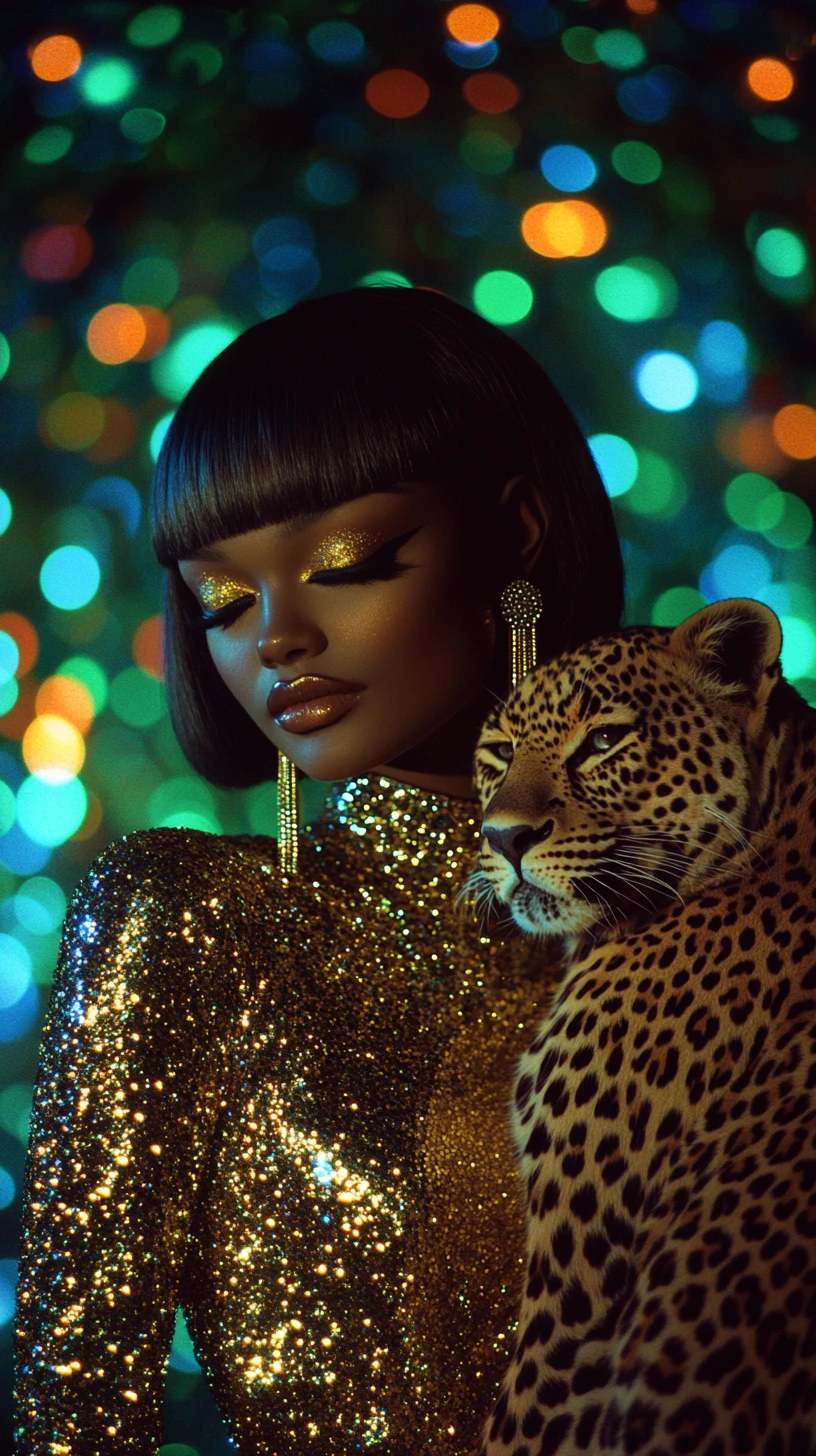Mujer glamurosa con leopardo frente a luces bokeh de colores
