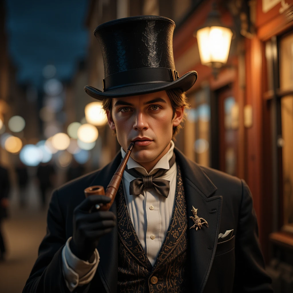 Cazador de vampiros con sombrero de copa en una calle nocturna de Londres