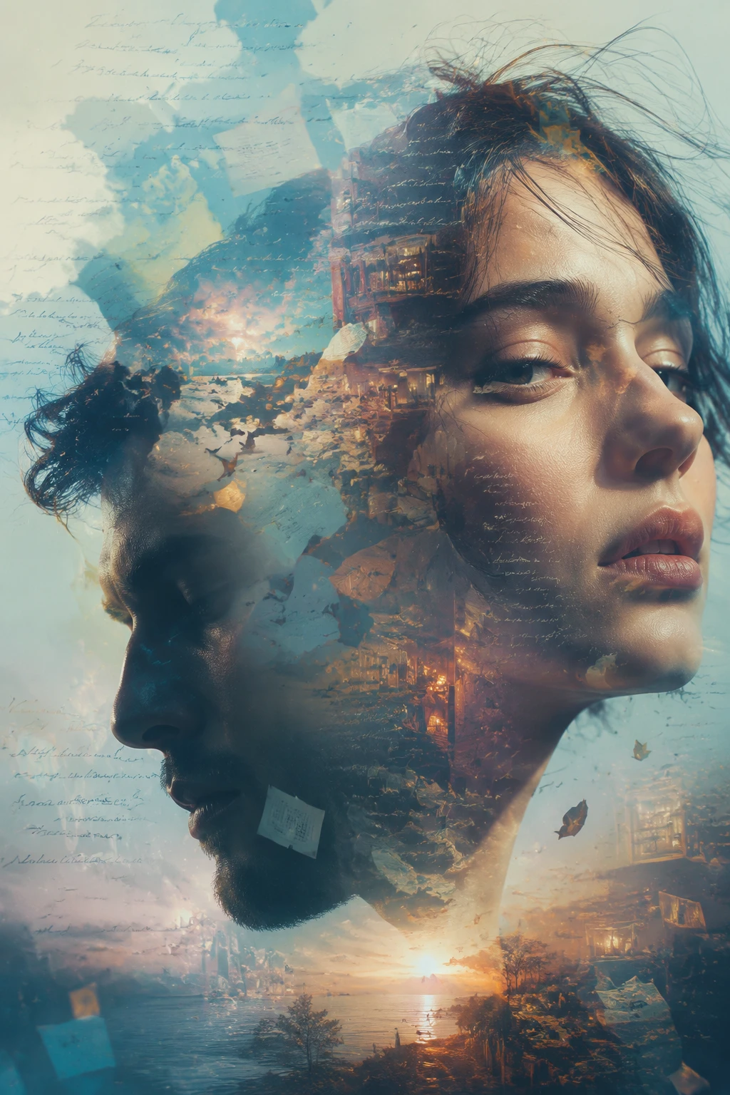 Retrato surreal de doble exposición que fusiona rostros de hombre y mujer