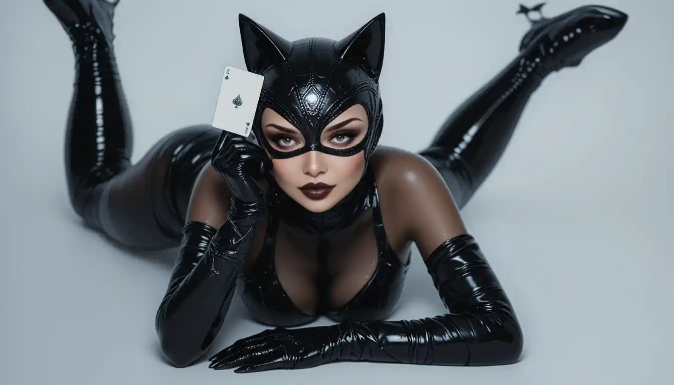 Von Catwoman inspirierte Frau posiert im eleganten Studio-Cosplay