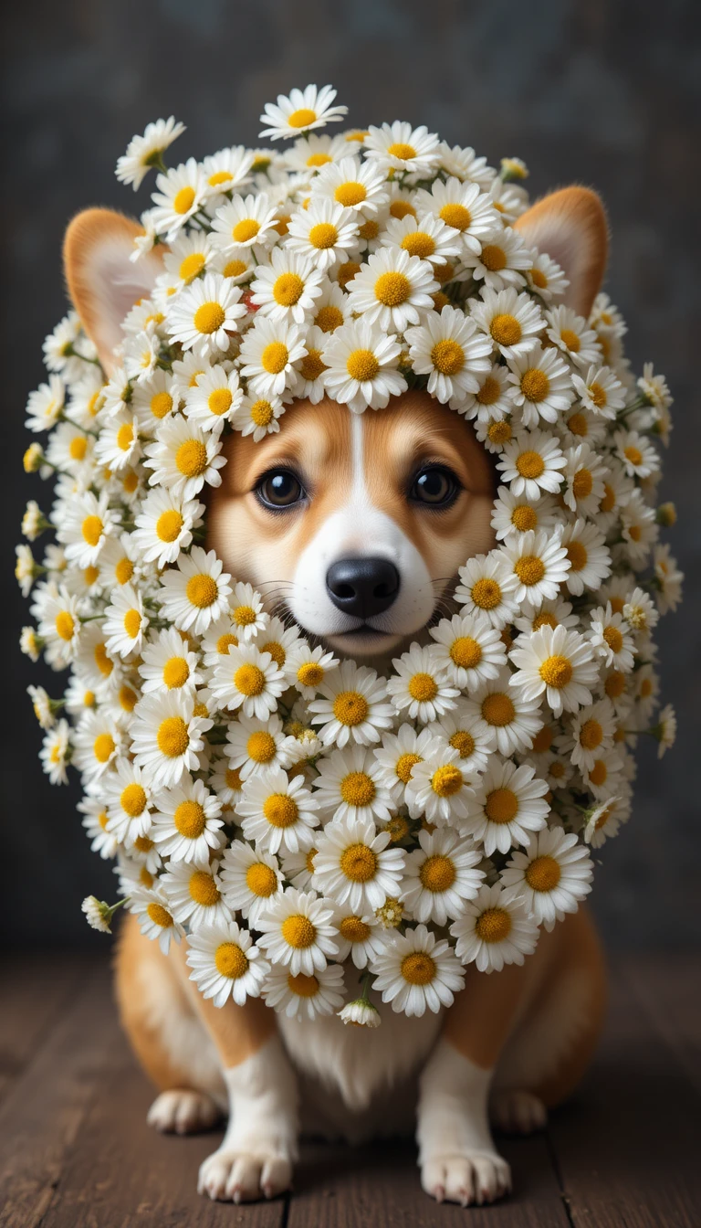 Adorable corgi escondido tras un enorme ramo de margaritas