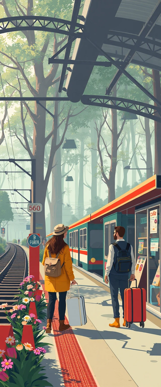 Futuristic railway station scene with travelers and food stands