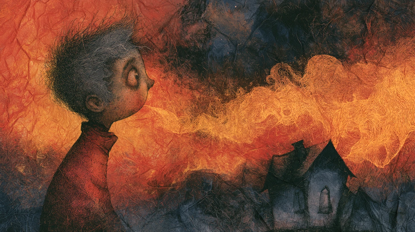 Incendio surreale da libro illustrato che infuria in una foresta oscura