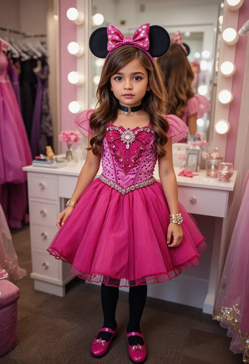 Hispanic boy in pink Minnie dress posing in dress shop