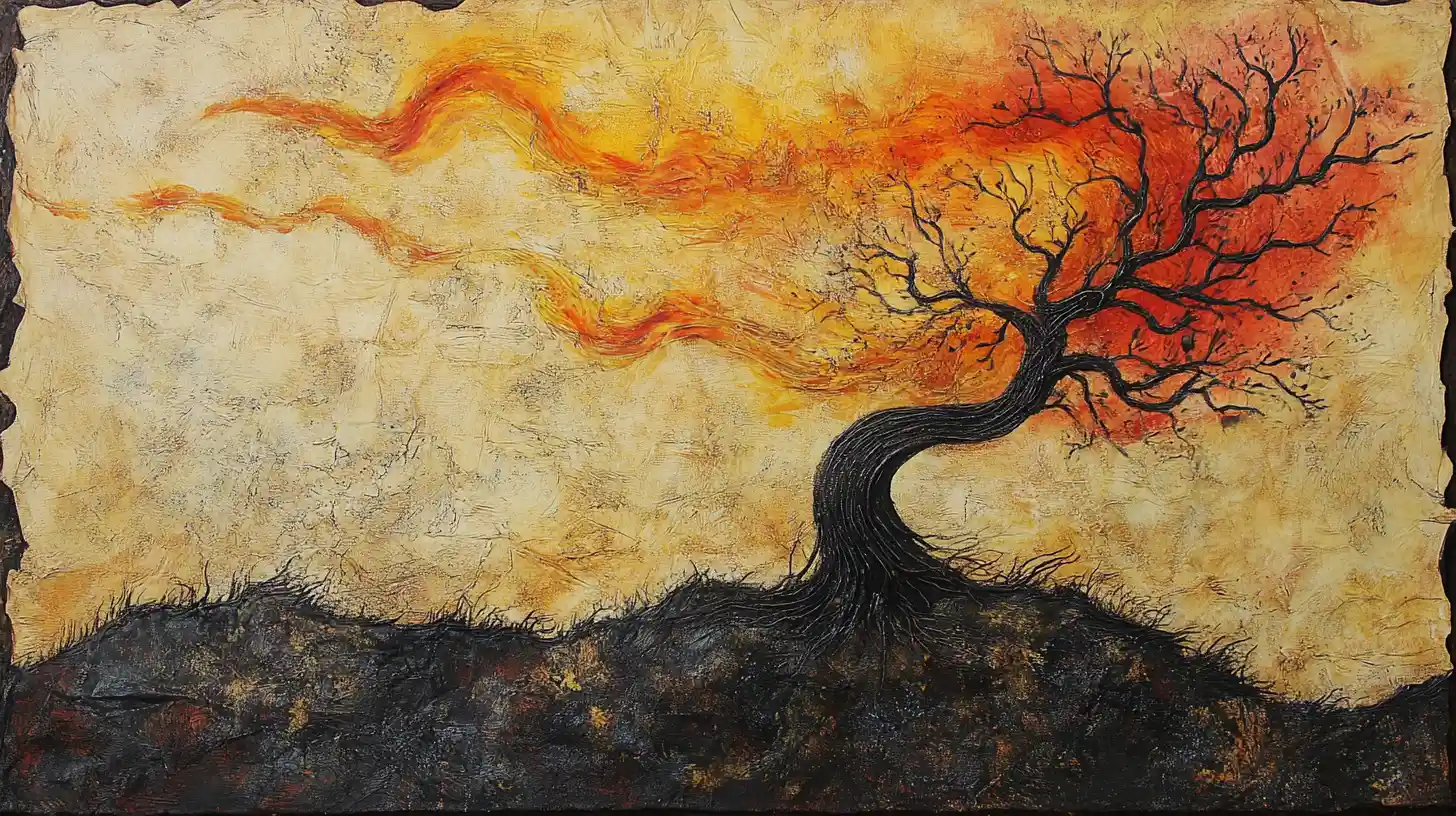 Surreal storybook wildfire illustration on aged textured paper