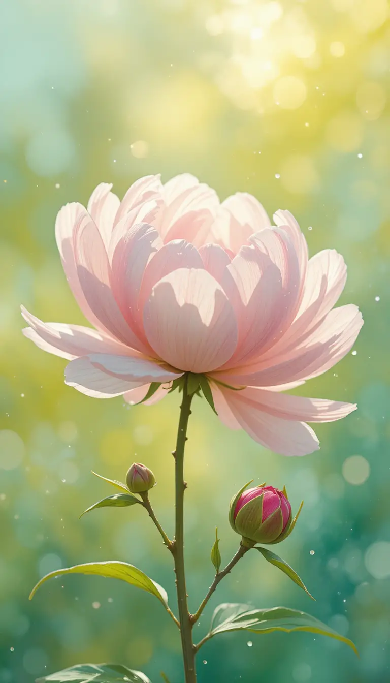 Delicati boccioli di peonia rosa su uno sfondo astratto pastello e soleggiato