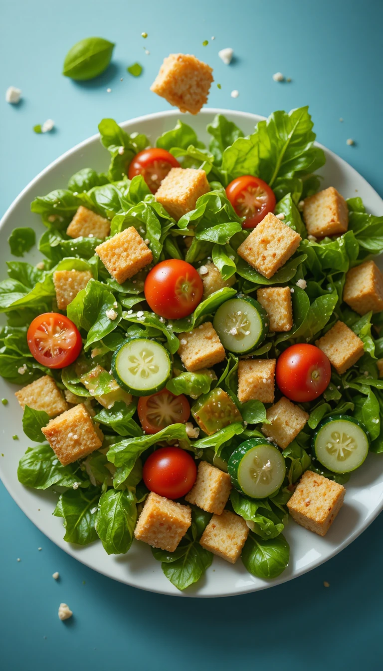 Ingredientes de ensalada verde fresca cayendo en un plato