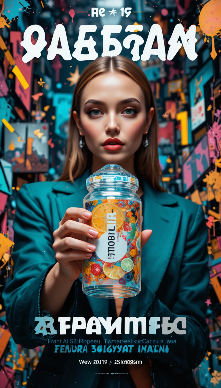 Modelo de moda sosteniendo gran producto con fondo dinámico de graffiti