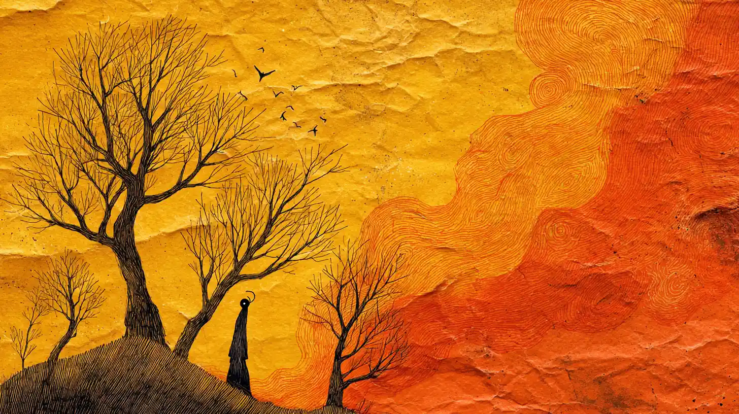 Surreal wildfires raging across aged crumpled paper landscape
