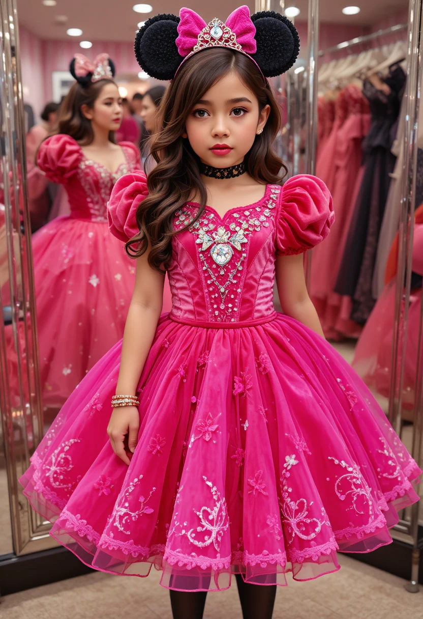 Boy dressed as a pink princess posing in dress shop