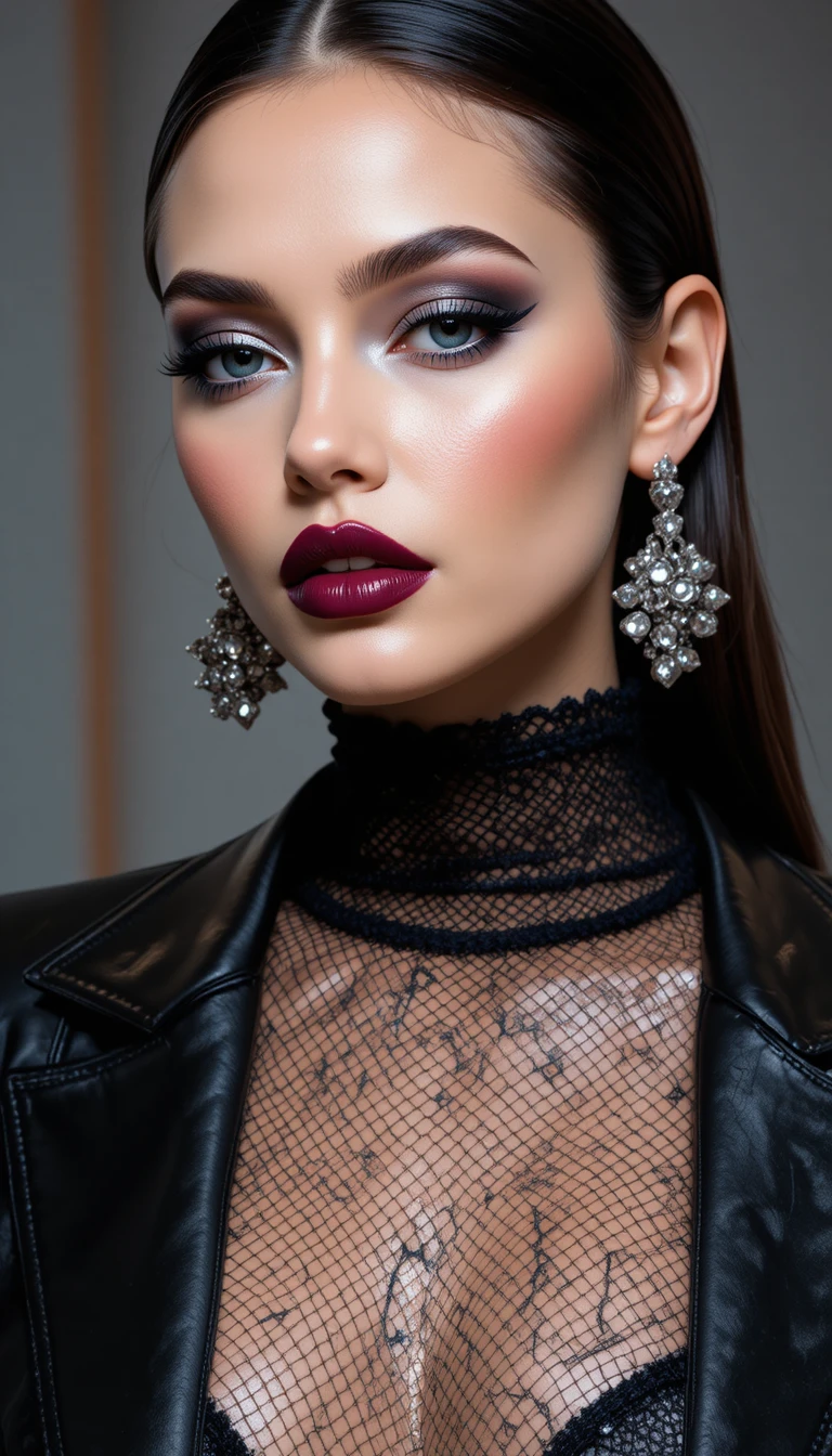 Retrato de moda en primer plano con maquillaje metálico gráfico