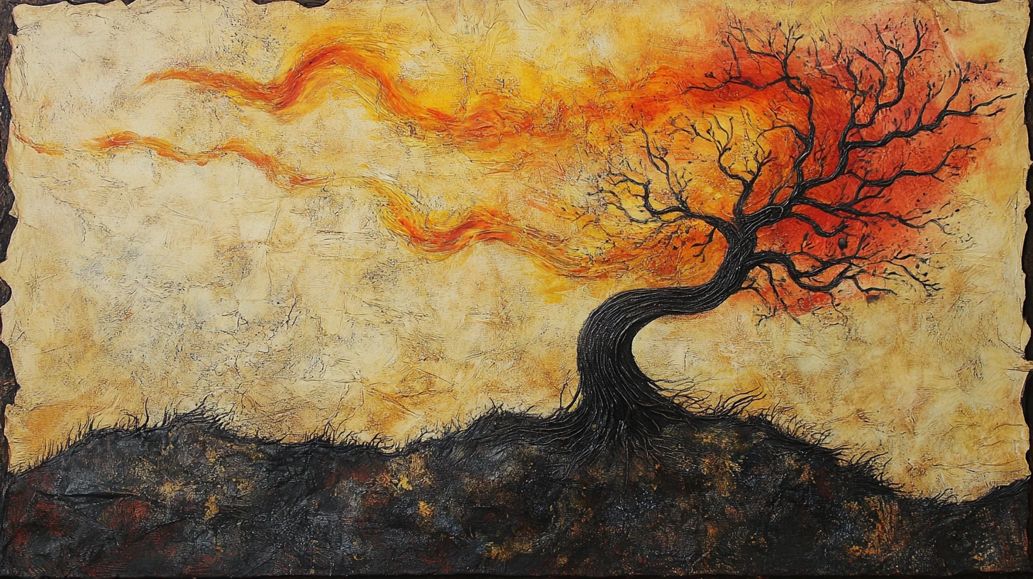 Ilustración surrealista de incendio tipo cuento ilustrado sobre papel envejecido y texturizado