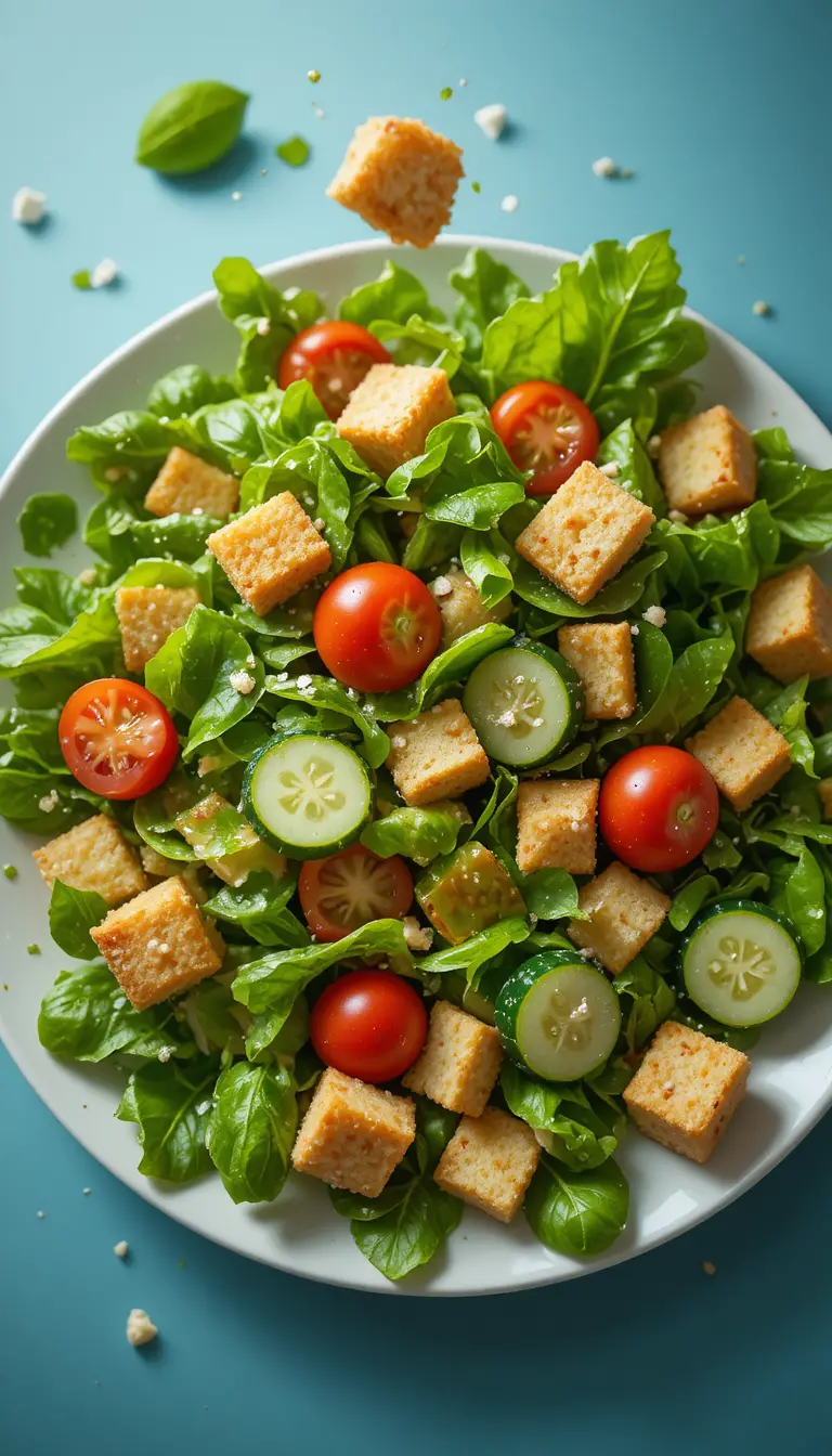 Ingredientes de ensalada verde fresca cayendo en un plato