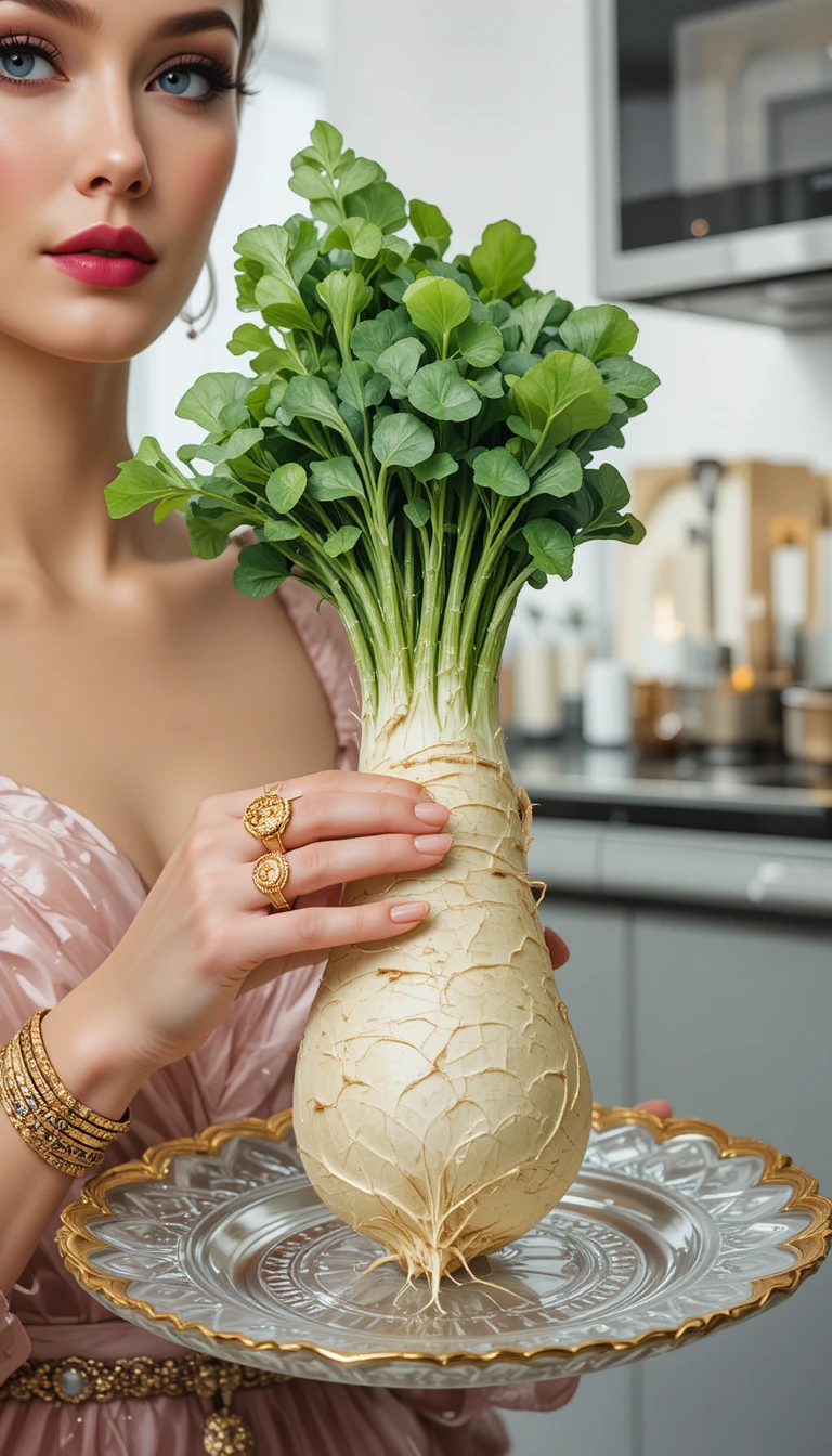 Elegante Hände halten eine Kristallplatte mit Meerrettichwurzel