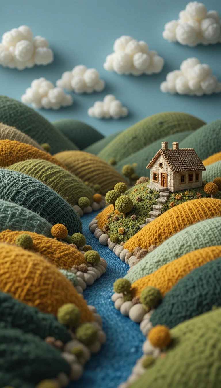 Acogedor Paisaje en Miniatura Tejido con Cabaña y Río