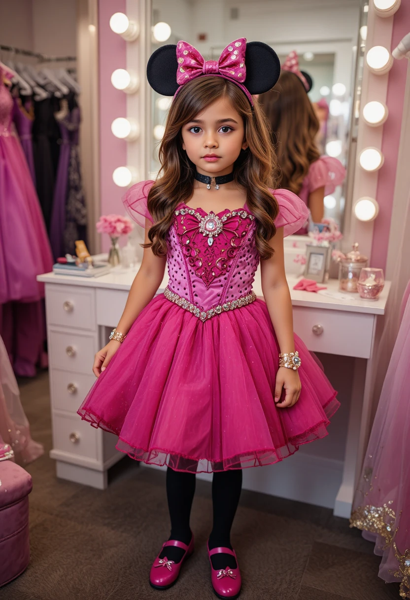 Niño hispano con vestido rosa de Minnie posando en tienda de vestidos