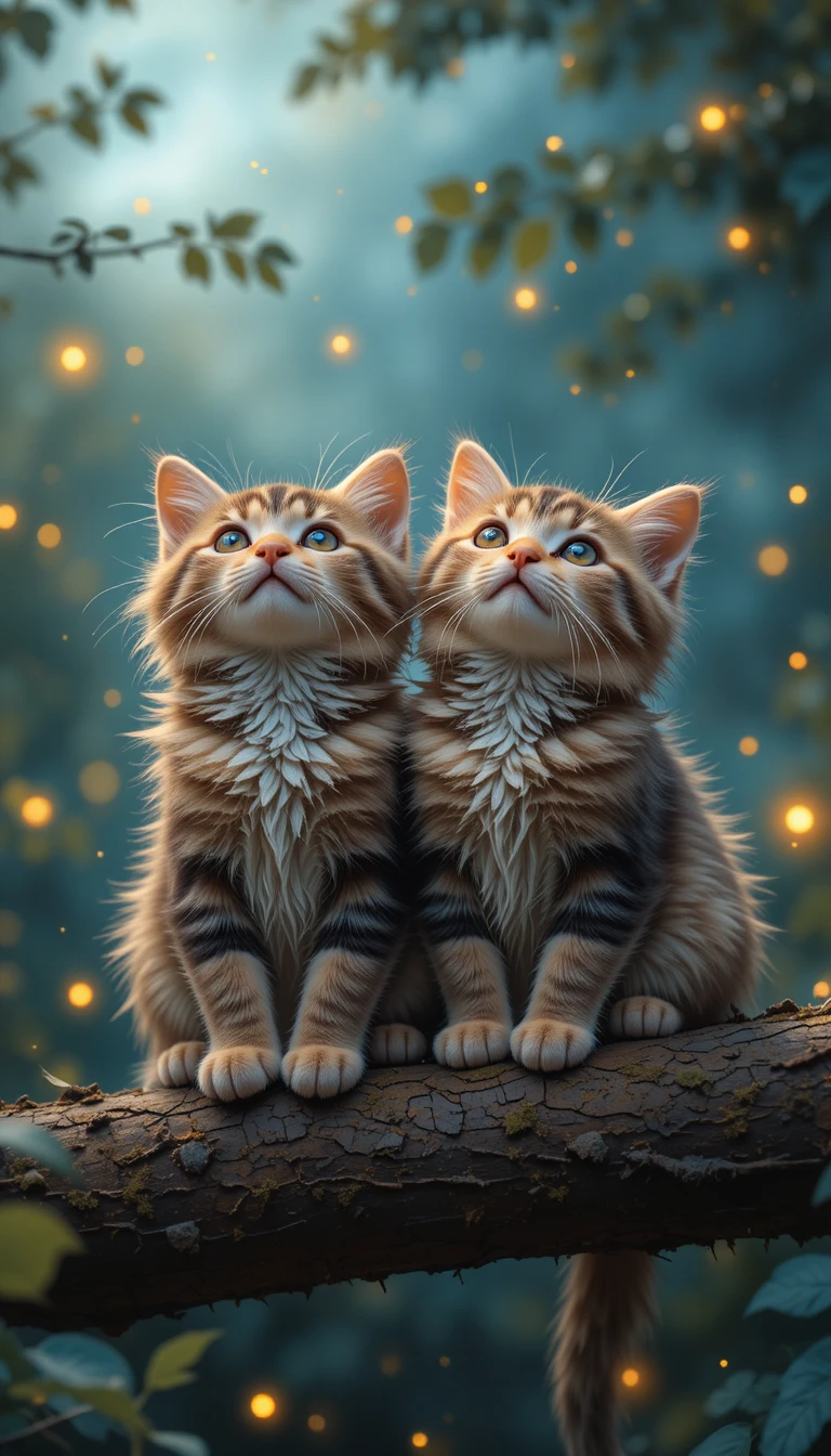 Dos gatitos esponjosos en una rama rodeados de luciérnagas