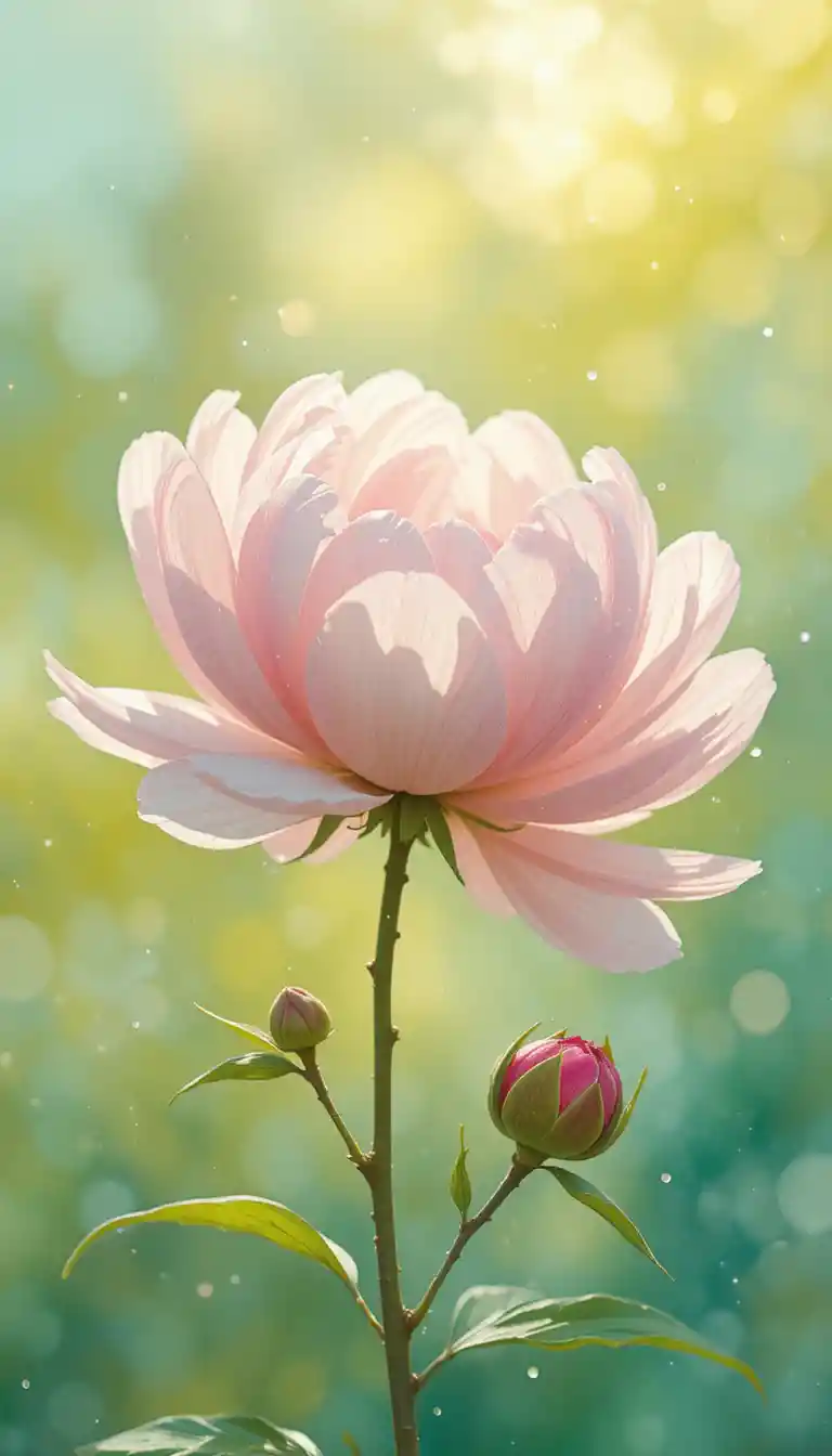 Delicati boccioli di peonia rosa su uno sfondo astratto pastello e soleggiato