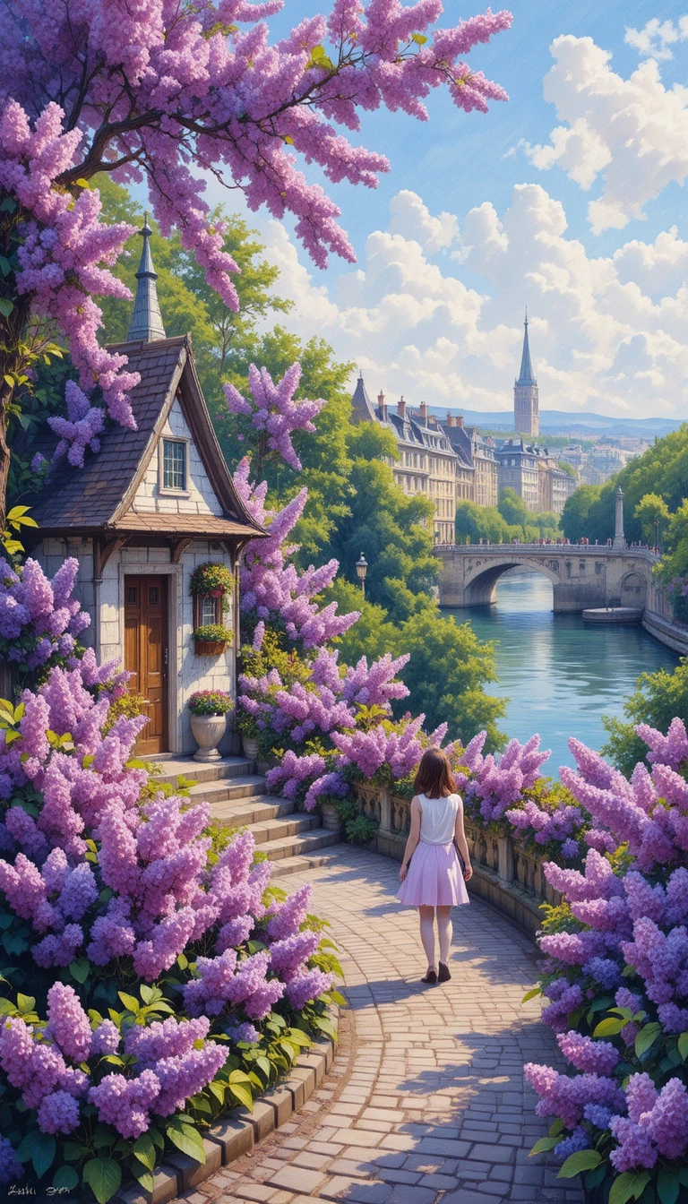 Mujer parisina junto a un puente a orillas del río entre lilas en flor