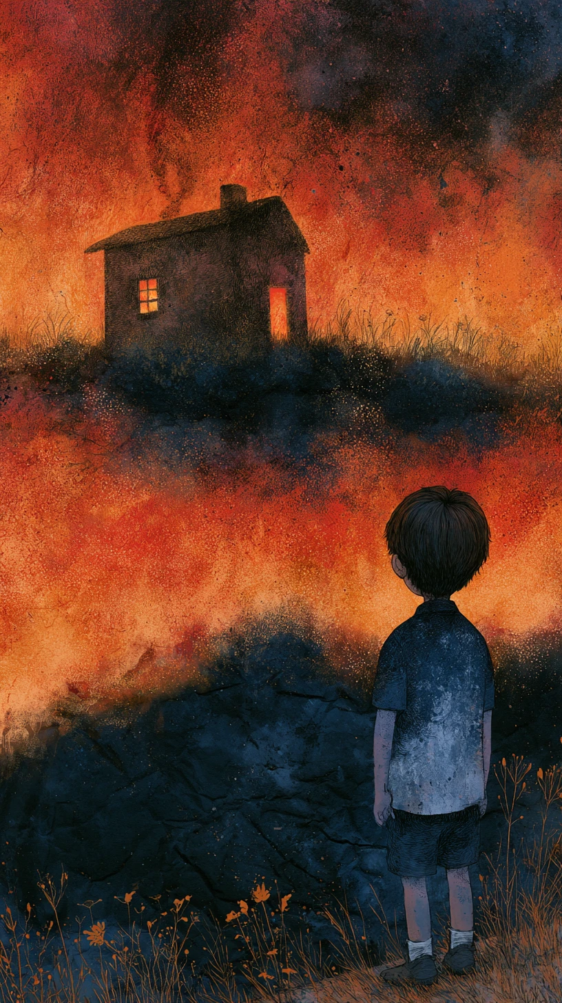 Surreal mixed media wildfire engulfing a bleak burning landscape