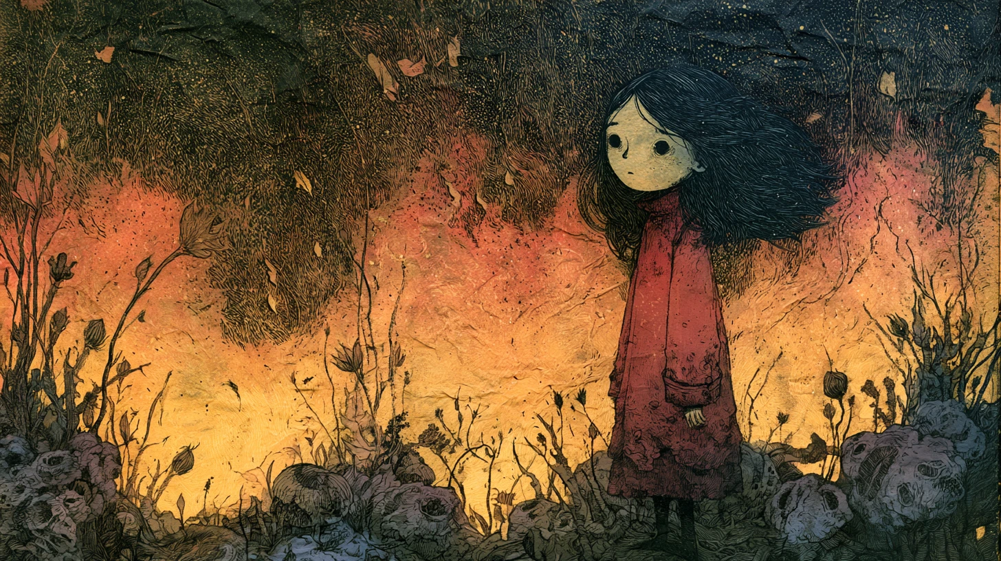 紙の上に描かれたシュールな物語風イラストの猛る山火事