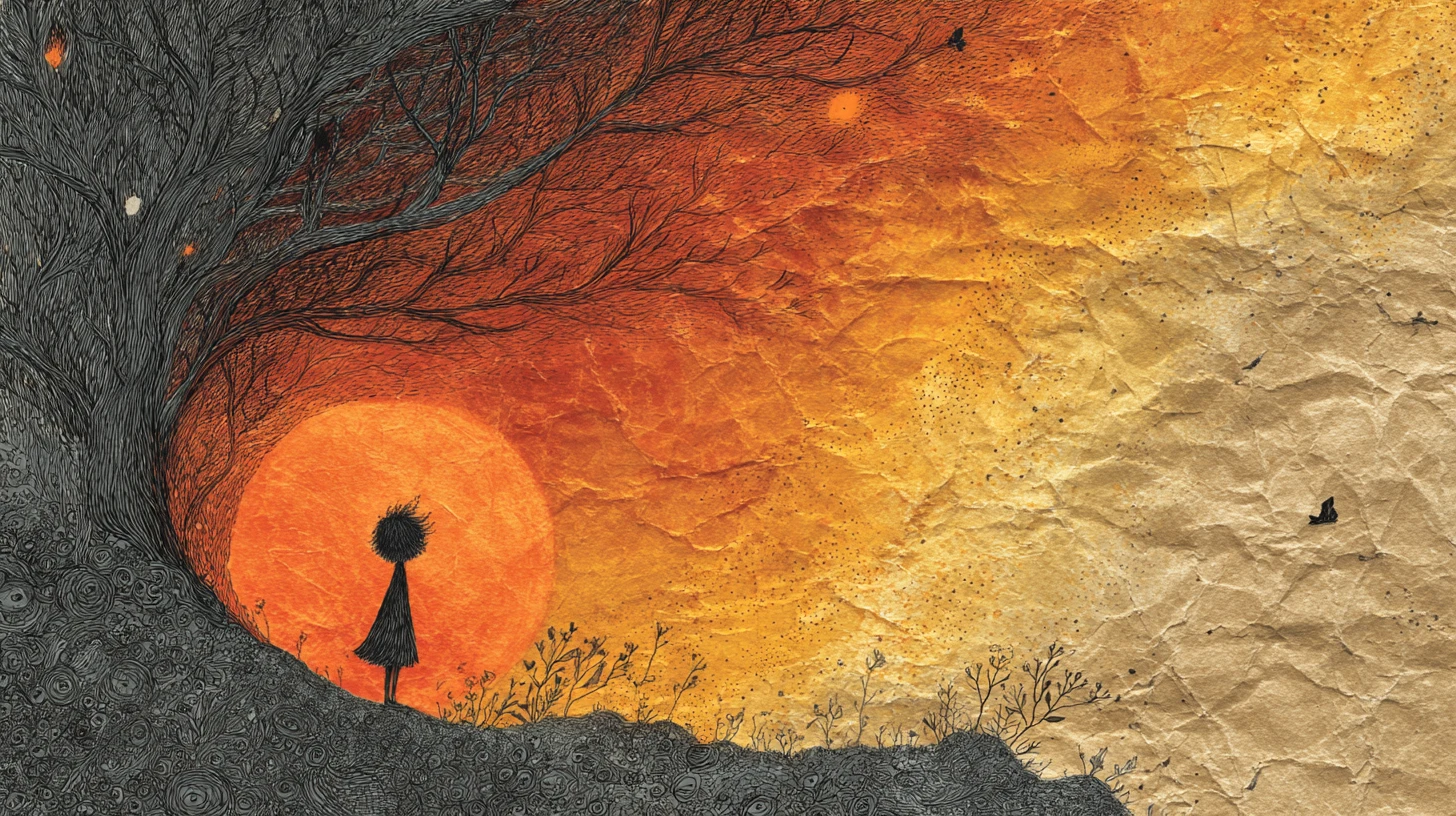 Surreal mixed media wildfires on aged crumpled paper