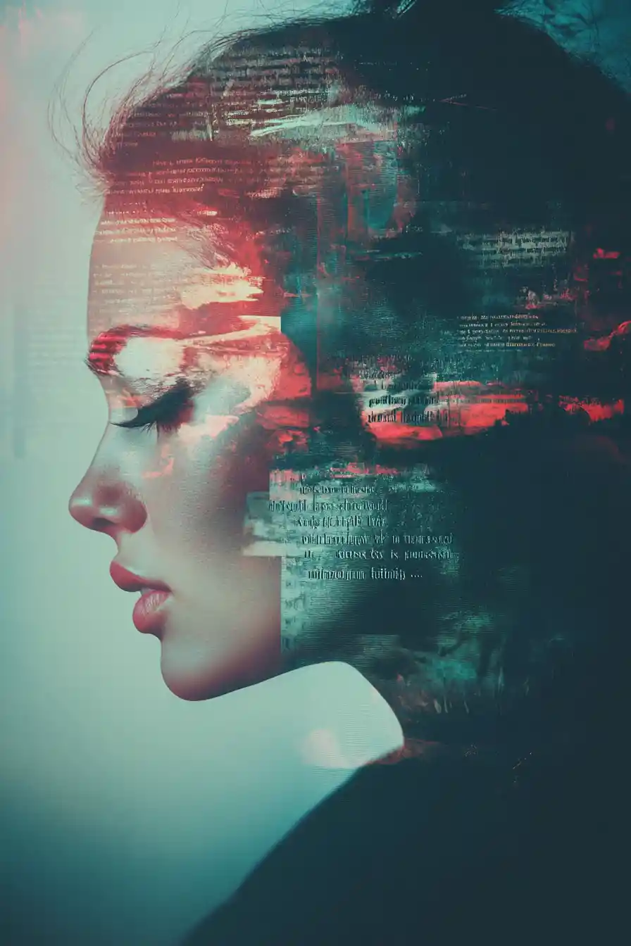 Surreal double exposure portrait merging man and woman faces