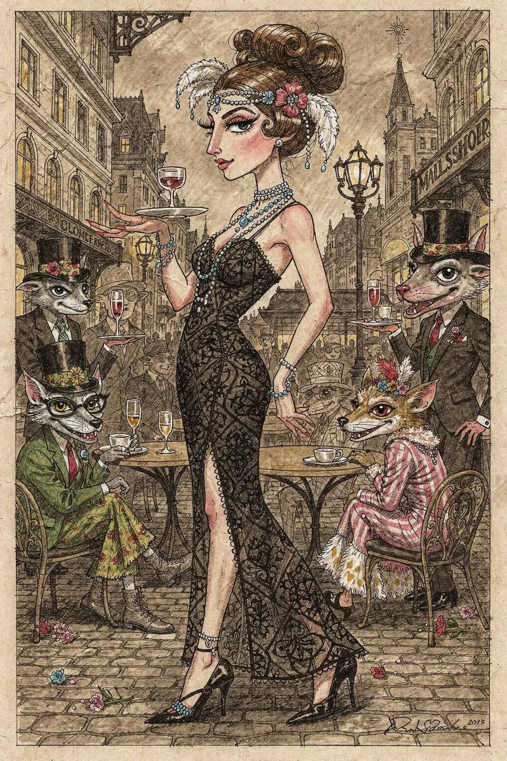 Femme élégante des années 1920 en dessin à l’encre dans une rue urbaine