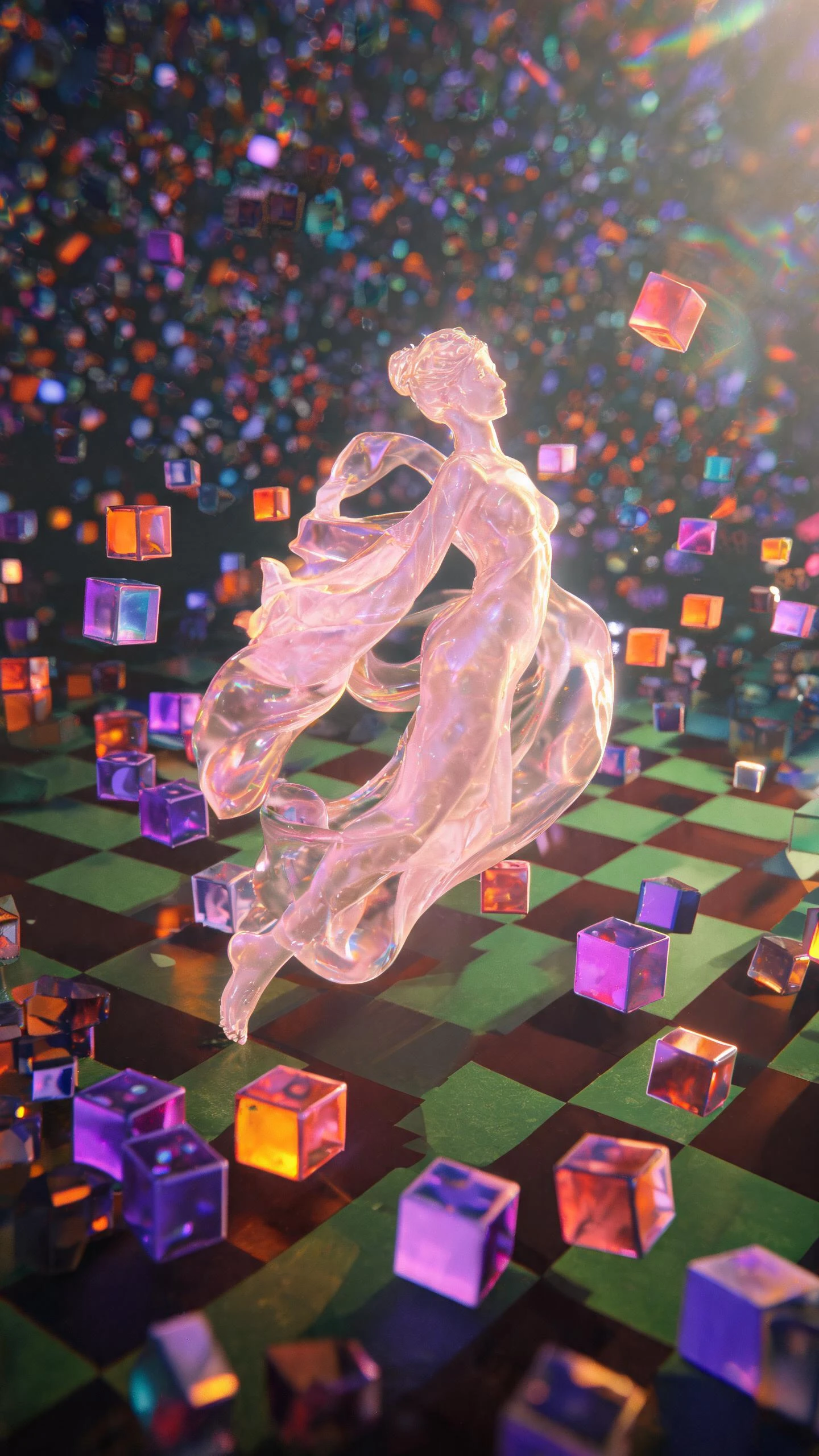 Surreal pink translucent sculpture amid glowing floating cubes