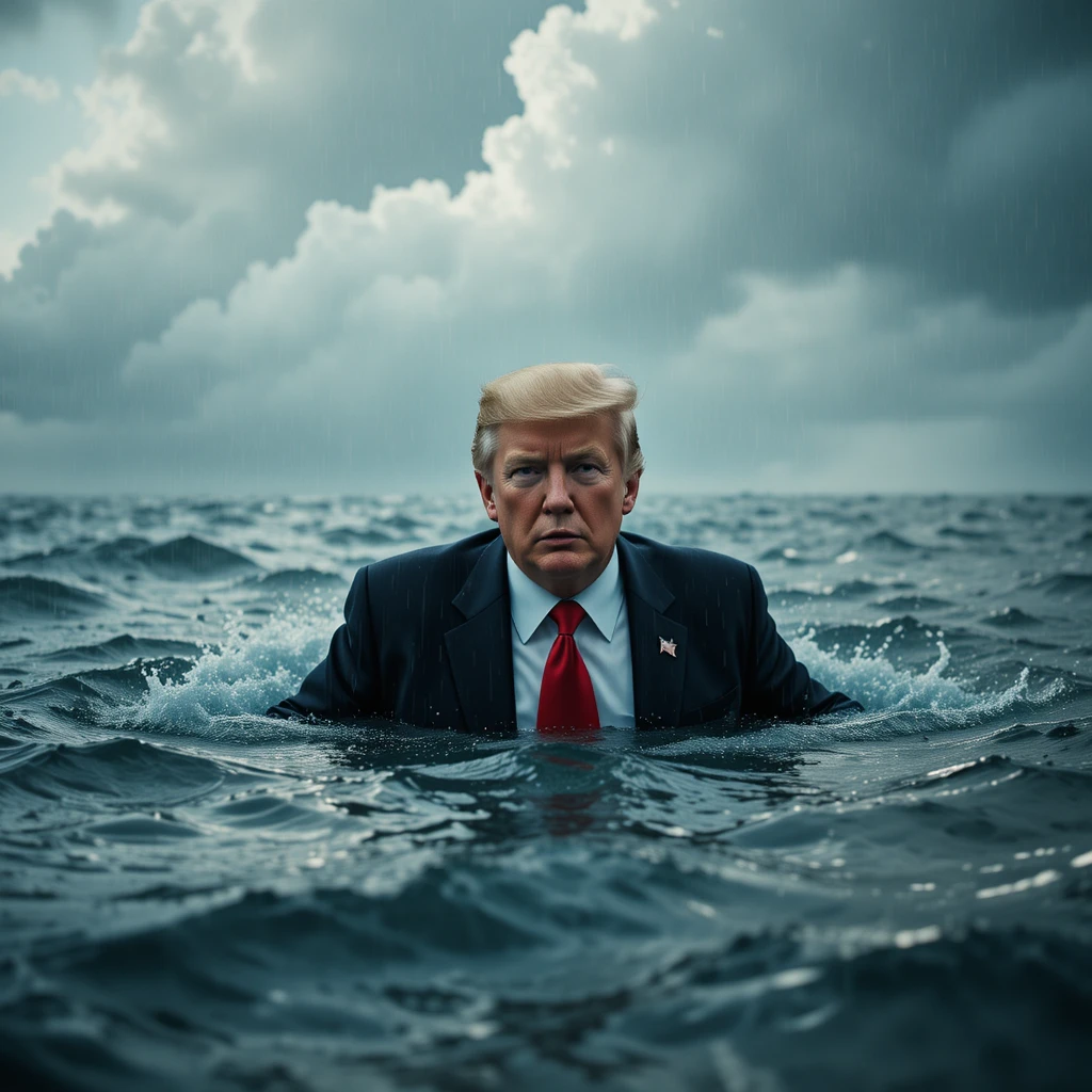 Hombre luchando en un mar tormentoso bajo una lluvia intensa