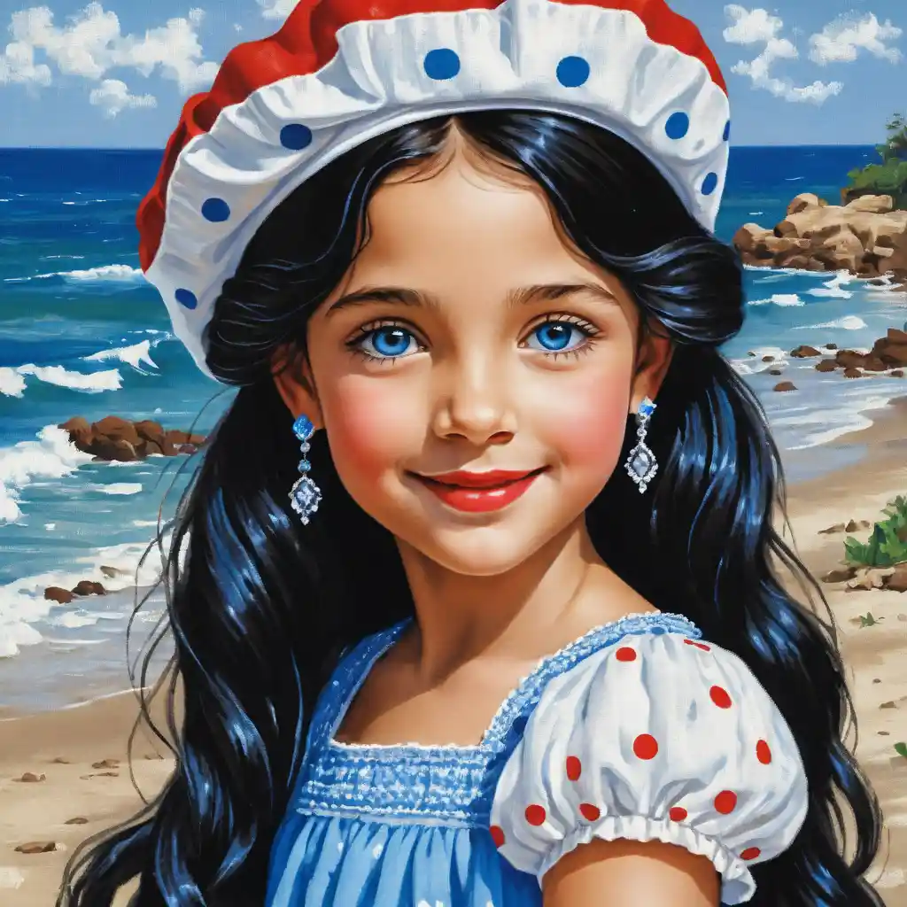 Smiling girl with blue eyes in polka dot beret portrait