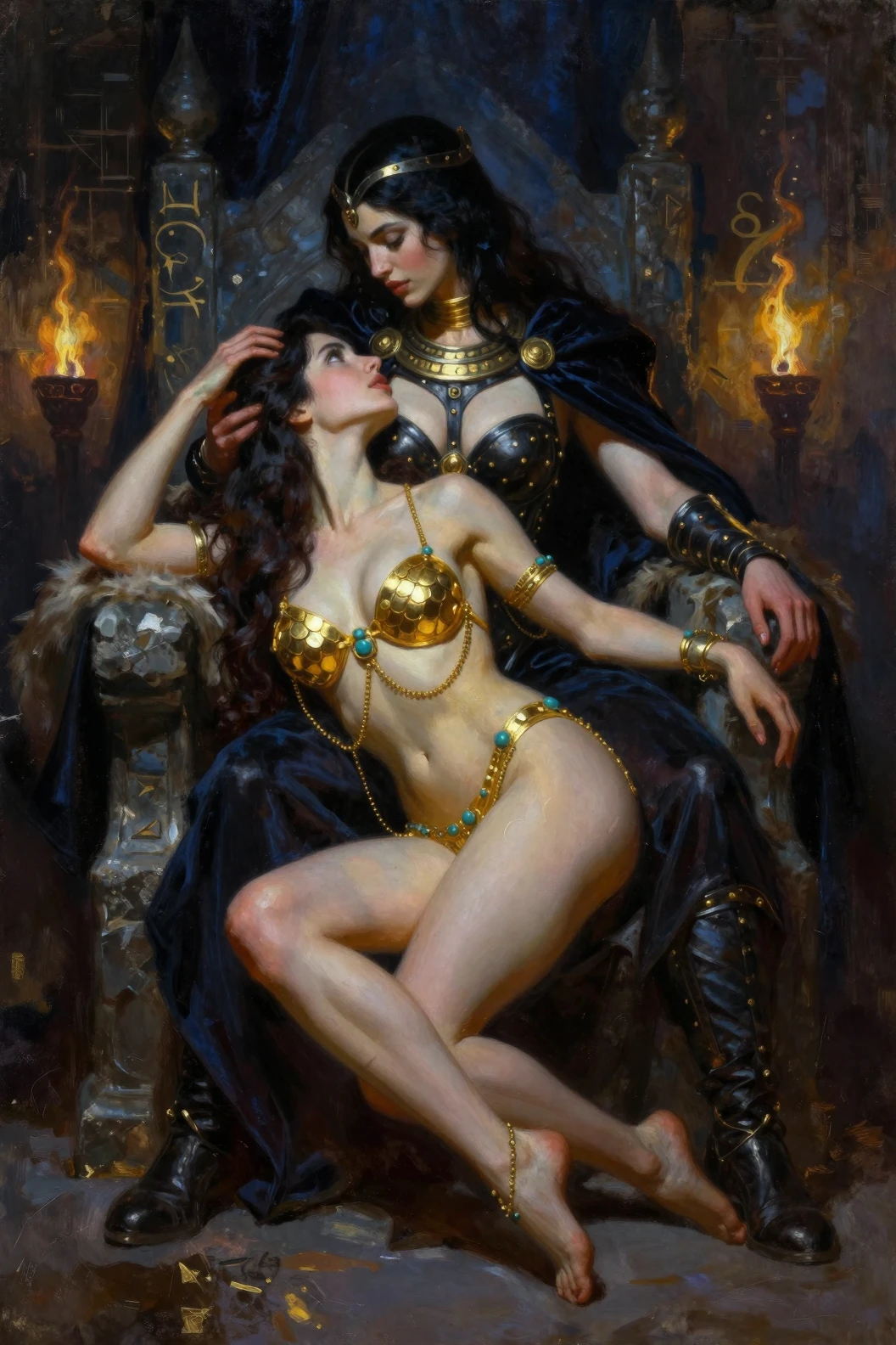 Sorceress on a stone throne with kneeling devoted woman