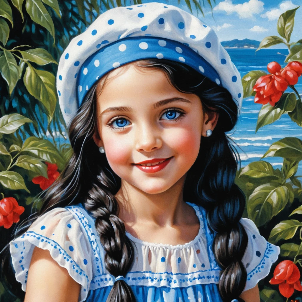 Smiling girl with blue eyes in polka dot beret