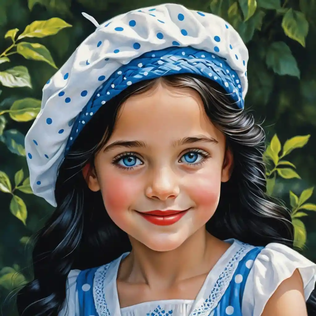 Smiling blue eyed girl in polka dot beret portrait
